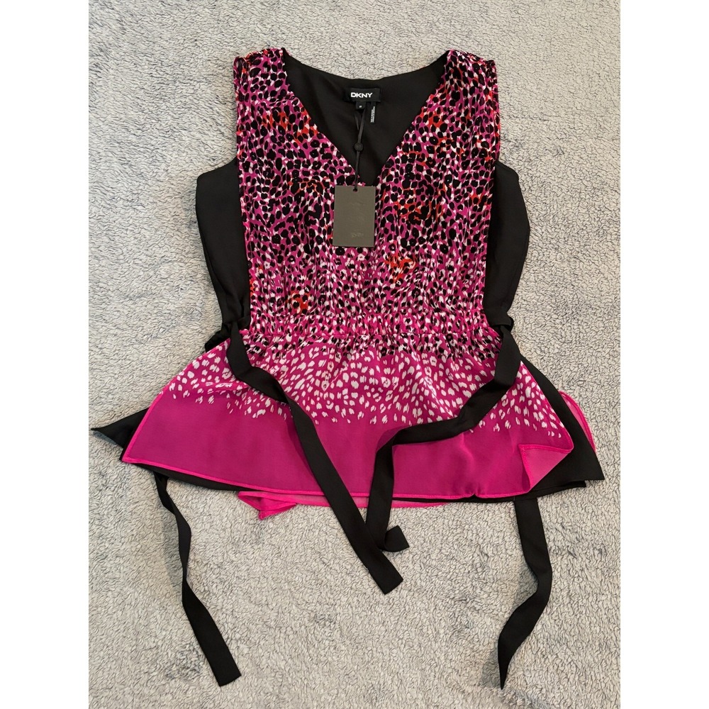 NWT DKNY Blouse Womens XS Pink Patterned Sleeveless V Neck Top Shirt